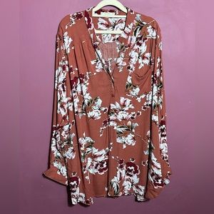 💙fun2fun Rust Floral Henley Crepe Blouse